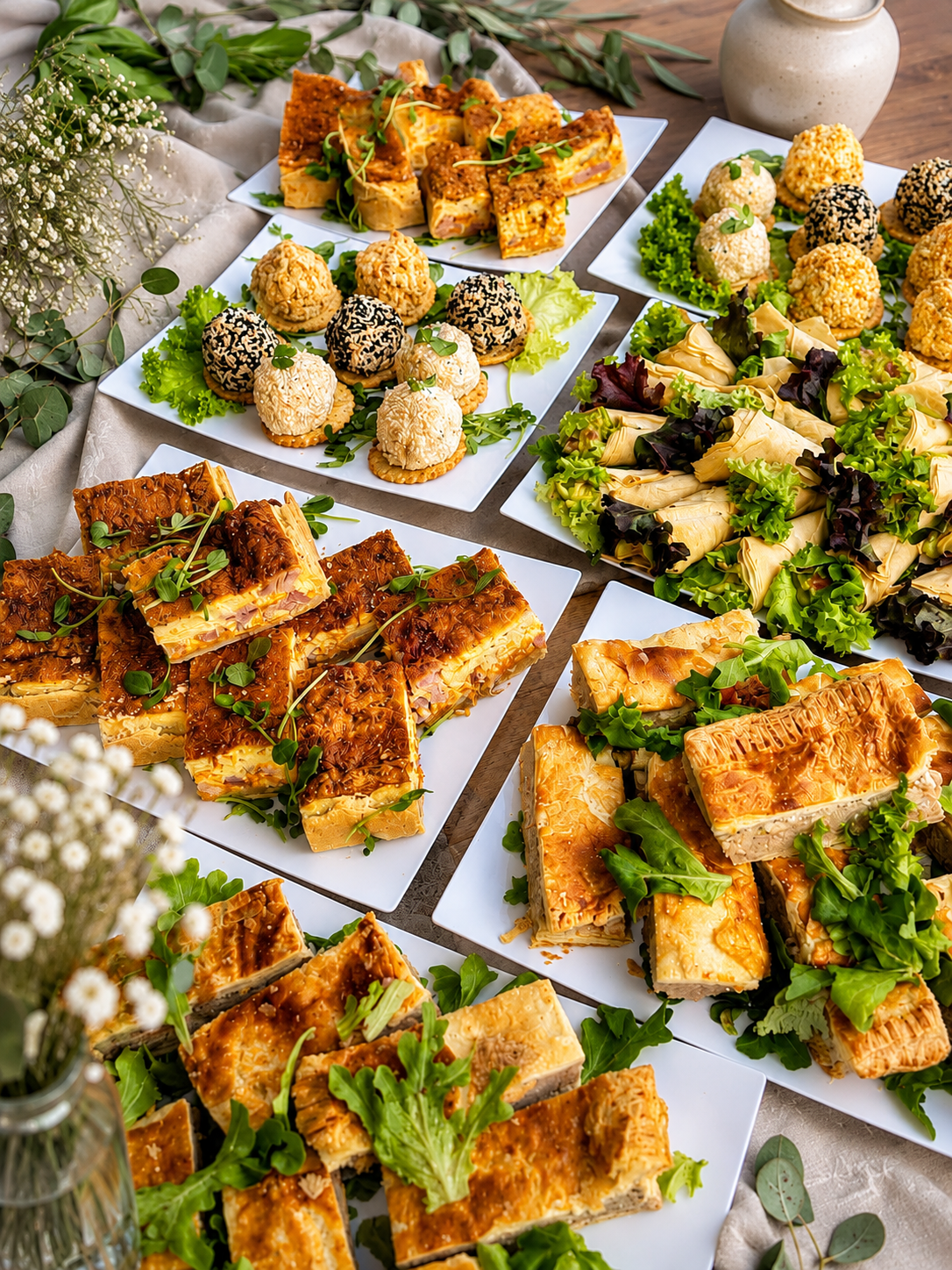 A spread of savoury pastries, sandwiches and bite-sized canapés