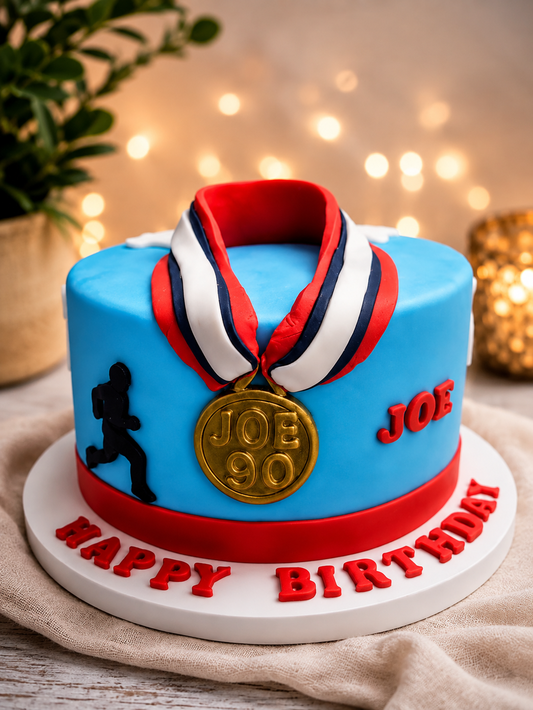 A blue and red birthday cake decorated with a Joe 90 medal design