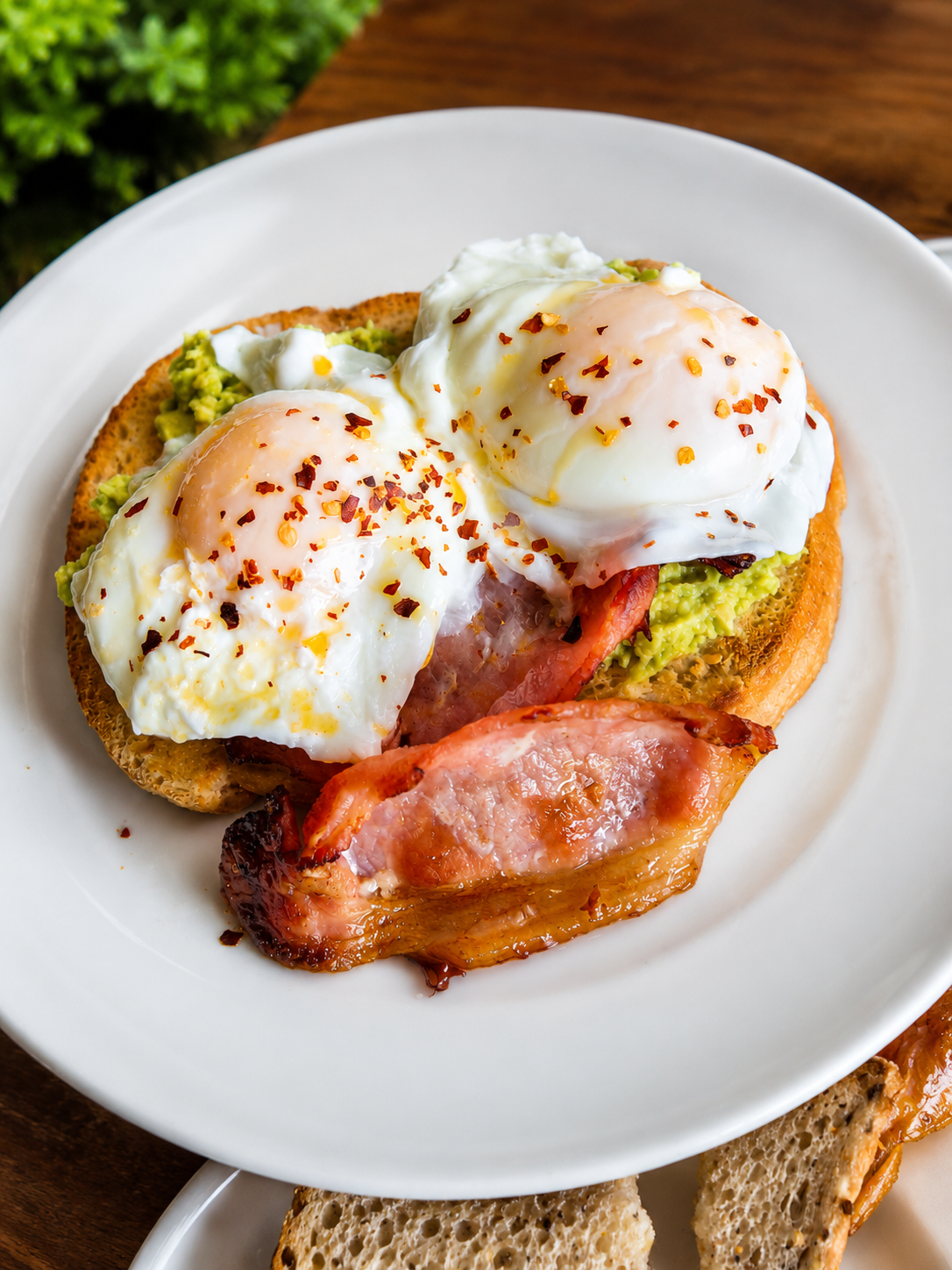 Poached eggs and bacon on toast at Low Tide Coffee House