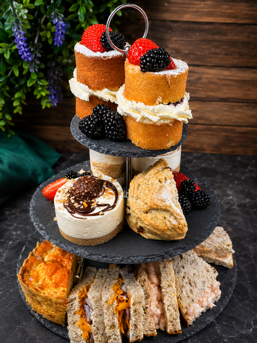 Cakes, scones and sandwiches on a tiered display at Low Tide Coffee House